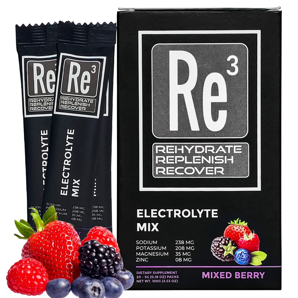 Re3 - Rehydrat - Replenish - Recover Electrolyte Powder Packets. Ingen sukker, 7 Cal, 1,4 Carbs. Den bedste blanding af vitaminer og mineraler (blandet berry)