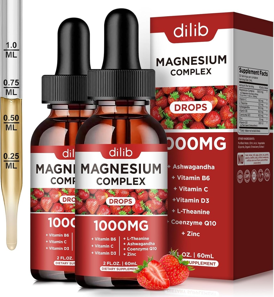Triple Magnesium Complex Supplement, Magnesium Glycinate, Blend, Citrate Liquid Drops 1000mg med Ashwagandha, CoQ10, Vitamin B6, C, D, Zink -Support Calm Stress Relief, Ben, Muscle, Mood 2 Pack