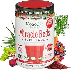 MacroLife Naturals Miracle Reds Superfood Supplement Powder Antioxidanter Polyphenoler Enzymes Probiotika - Raw Non- GMO Organic Vegan Gluten & Dairy Free (30 Servere)