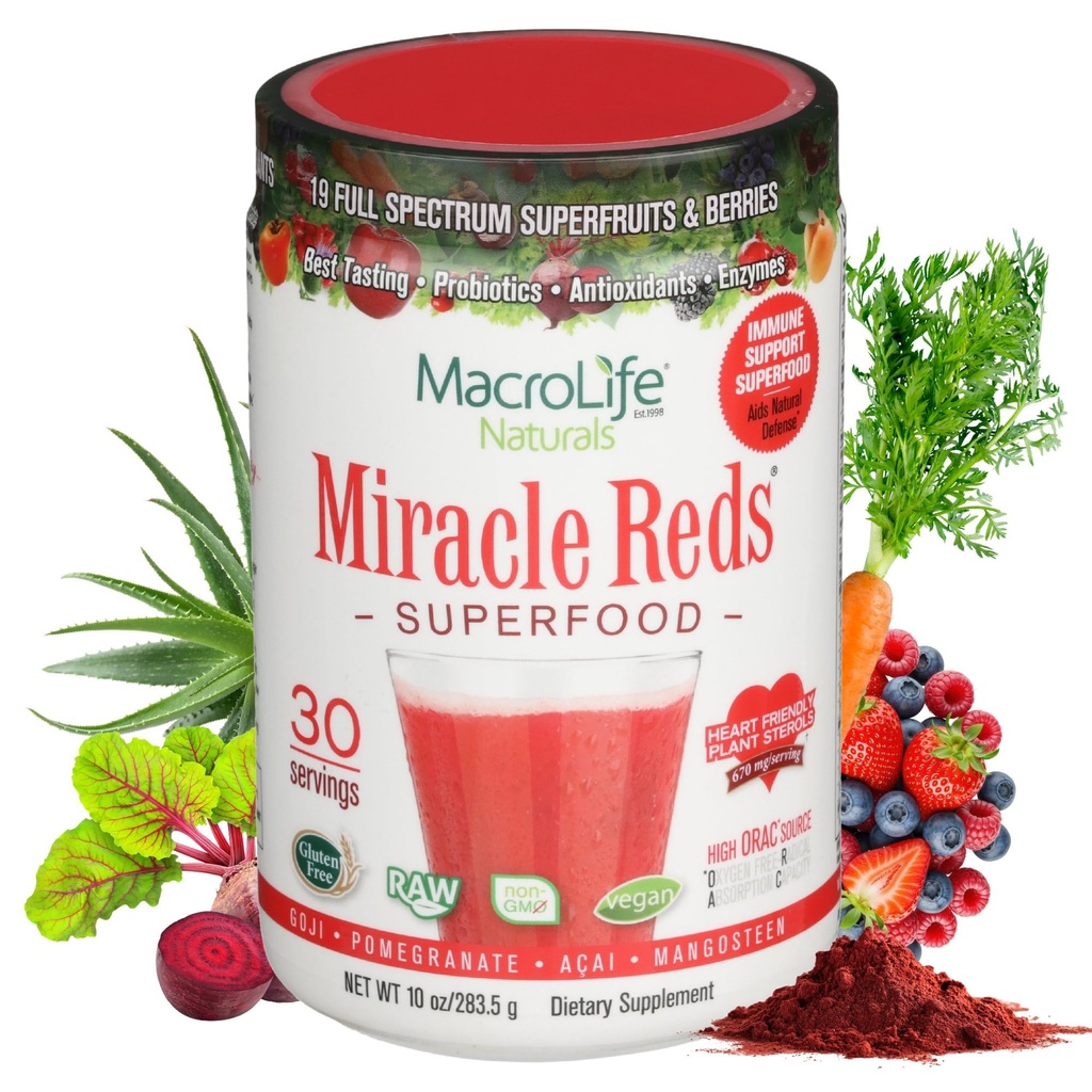 MacroLife Naturals Miracle Reds Superfood Supplement Powder Antioxidanter Polyphenoler Enzymes Probiotika - Raw Non- GMO Organic Vegan Gluten & Dairy Free (30 Servere)
