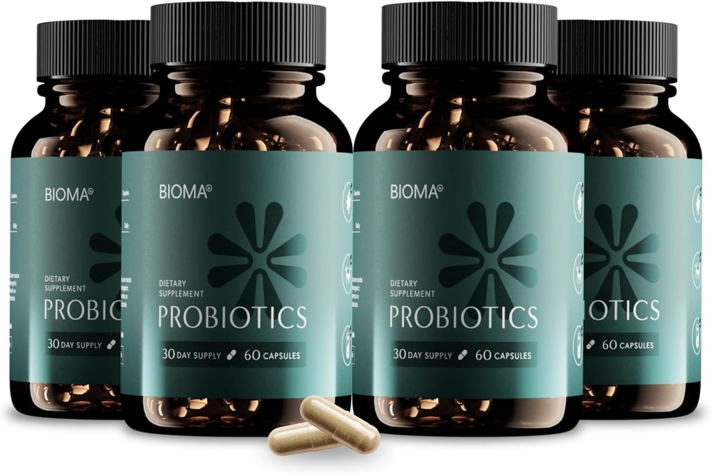 BIOMA Probiotika til vægthåndtering & fordøjelse, 3 i 1 Gut Health Probiotika og Prebiotika / Postbiotika, Slow Release Synbiotiske Probiotiske Kapsler til Gut Health Multi Enzyme (240 Caps)