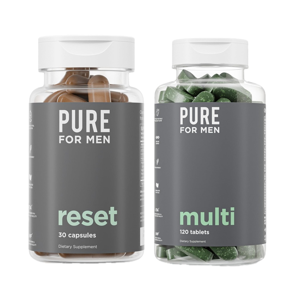 Rene for mænd Multivitamin, 120 kapsler & Nulstil Detox supplement, 30 kapsler