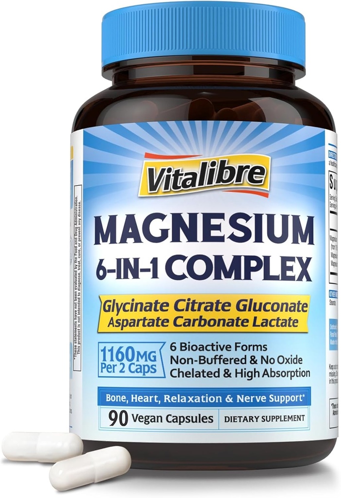Magnesiumkompleks Supplement 6 i 1, 1160mg Chelated Magnesium for Max Absorption, Hjælp med bedre søvn, Afslapning & Nerve Calm, 90 Vegankapsler, Non GMO & Gluten Free