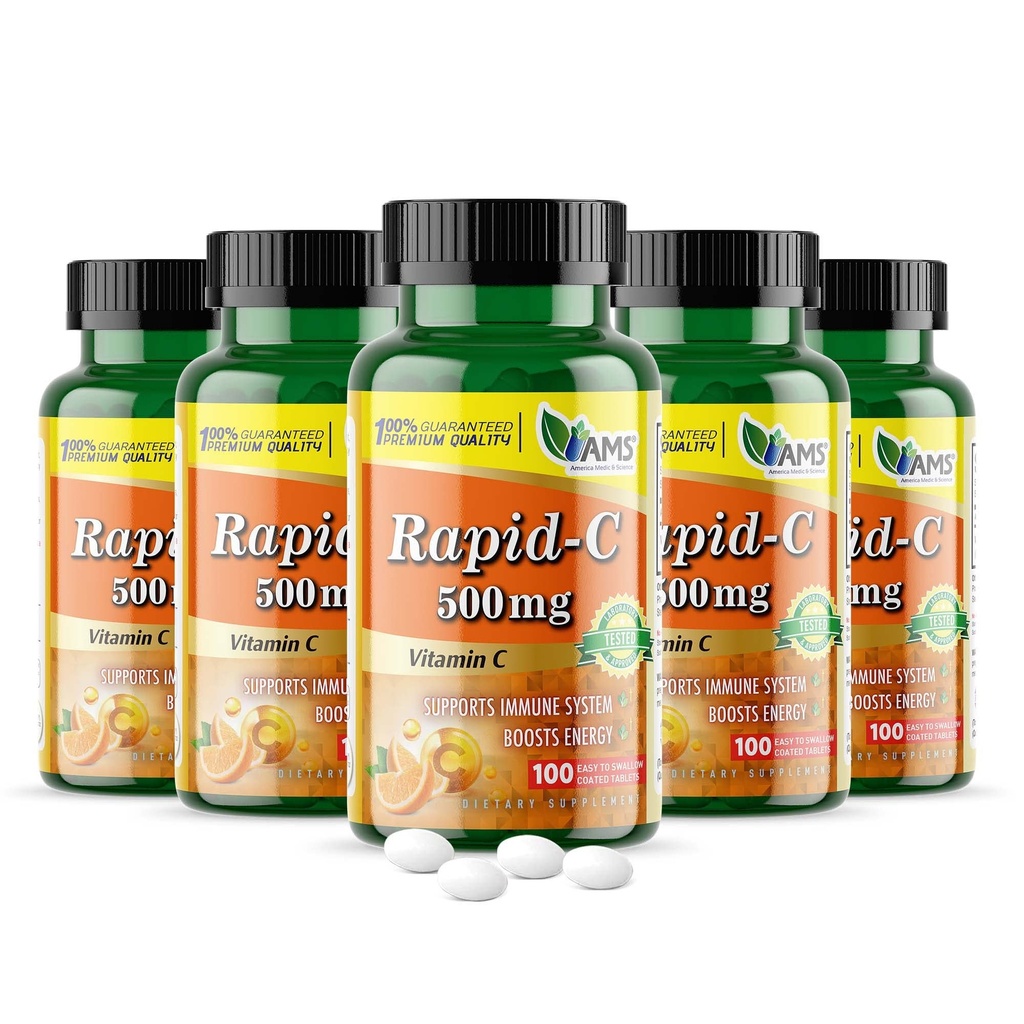 America Medic & Science Rapid- C 500 mg vitamin C tillæg 500 tabletter (5 pakke med 100 tabletter) Daglig immunsystem support, Antioxidant stålet 124; Vegan, Non- GMO coated Ascorbic Acid til voksne mænd og kvinder