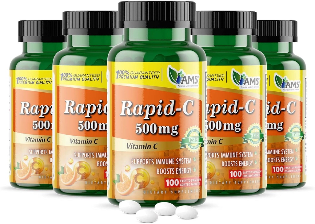 America Medic & Science Rapid- C 500 mg vitamin C tillæg 500 tabletter (5 pakke med 100 tabletter) Daglig immunsystem support, Antioxidant stålet 124; Vegan, Non- GMO coated Ascorbic Acid til voksne mænd og kvinder