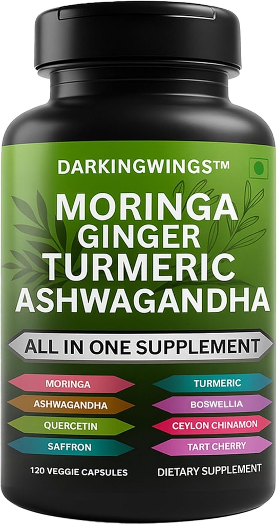 Gurkemeje Moringa Supplement Ginger Boswellia Saffron - Fælles Support Kosttilskud til kvinder og mænd med Ceylon Cinnamon, Tart Cherry, Quercetin Hvidløg Nettle Holy Basil - 120 Greve