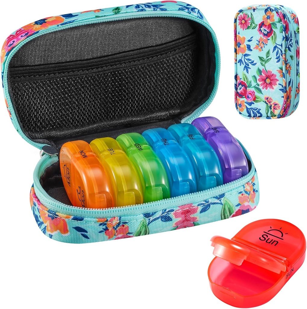 Serfeymi Weekly Travel Pill Organizer 2 gange en dag PM opgraderet Rainbow Pill Box 7 dag med Portable Zipper Canvas Pill Case, Medicin Organizer til piller, Vitaminer, Fiskeolier - Green 01