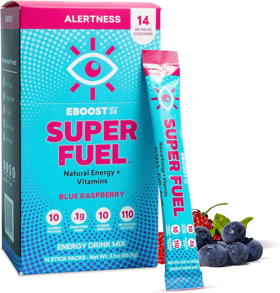 EBOOST Energy Drink Powder, Super Fuel - Blå Hindbær, 14 Pakker - Pre-Workout Powder Energy Drink Mix - Natural Energy, L-Tyrosine, L-Theanine & Vitaminer - Fortræning for kvinder & mænd at gå