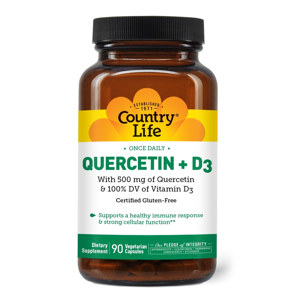 Country Life Quercetin 500 mg kapsler med vitamin D3 800 IE - immunsupporttilskud til voksne - daglige immunboostere - Quercetin immunsystem Boost, 90 kapsler