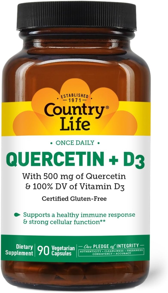 Country Life Quercetin 500 mg kapsler med vitamin D3 800 IE - immunsupporttilskud til voksne - daglige immunboostere - Quercetin immunsystem Boost, 90 kapsler