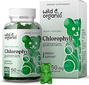 Wild & Organic Chlorophyll Gummies 50mg - Detox Cleanse Supplements w / Natrium Copper Chlorophyllin - Intern Deodorant w / Chlorophyll Powder - Vegan, Non- GMO - 60 Herbal Chews
