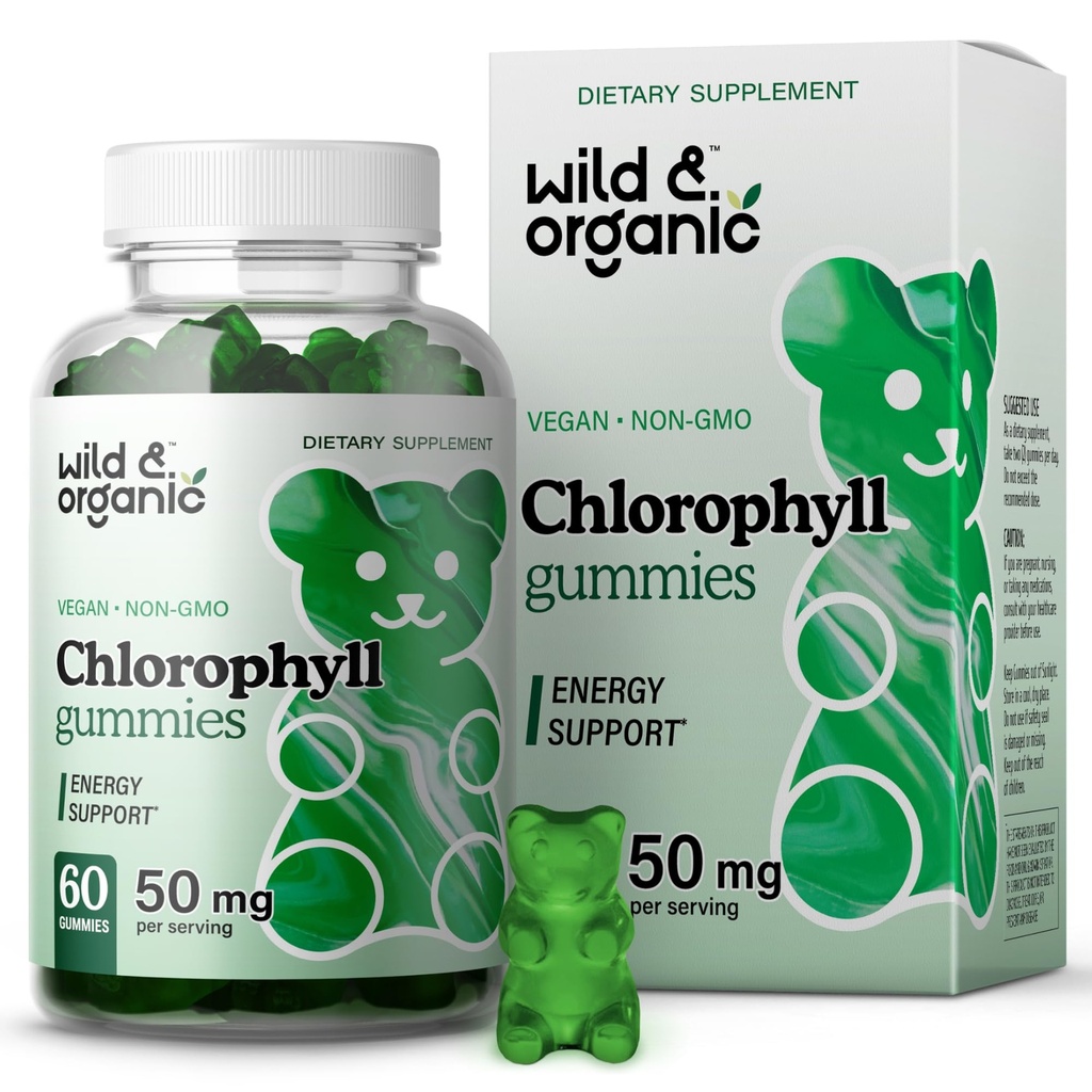 Wild & Organic Chlorophyll Gummies 50mg - Detox Cleanse Supplements w / Natrium Copper Chlorophyllin - Intern Deodorant w / Chlorophyll Powder - Vegan, Non- GMO - 60 Herbal Chews