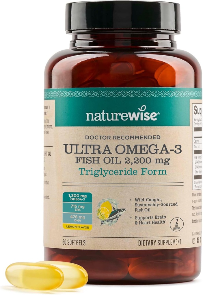 NatureWise Ultra Omega 3 Fish Oil 2200 mg - Triglycerid Form - Lemon Flavor - Wild- Fanget Fish Oil + EPA & DHA - Understøtter hjerne & hjerte sundhed - Burpless, non-GMO - 60 Softgels [1 - Måned Supply]