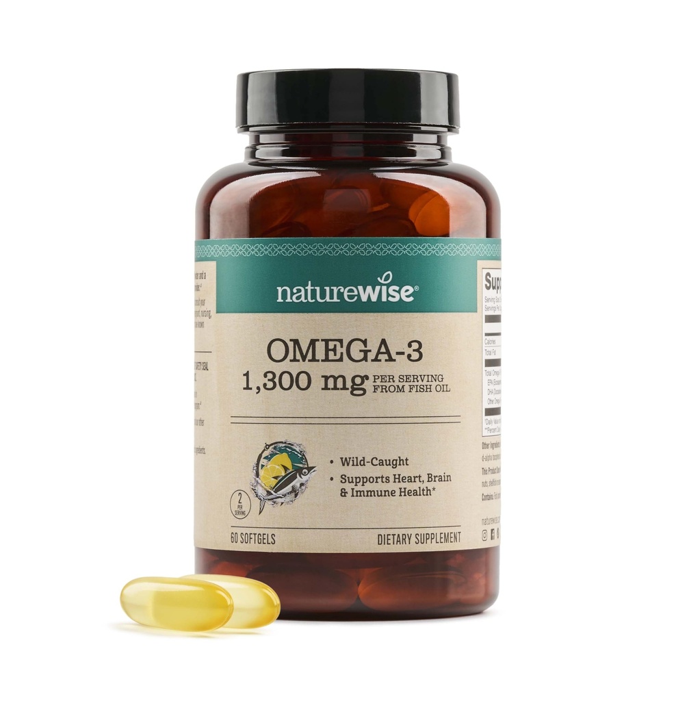 NatureWise Ultra Omega 3 Fish Oil 2200 mg - Triglycerid Form - Lemon Flavor - Wild- Fanget Fish Oil + EPA & DHA - Understøtter hjerne & hjerte sundhed - Burpless, non-GMO - 60 Softgels [1 - Måned Supply]