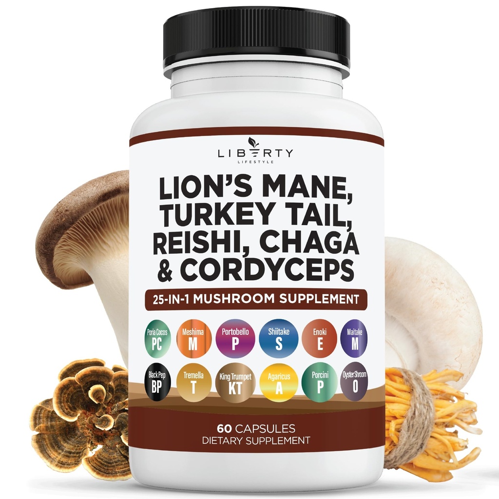 Lions Mane Mushroom Supplement med Tyrkiet Tail Reishi Cordyceps Chaga med Marshmallow Root - 1 -Pack