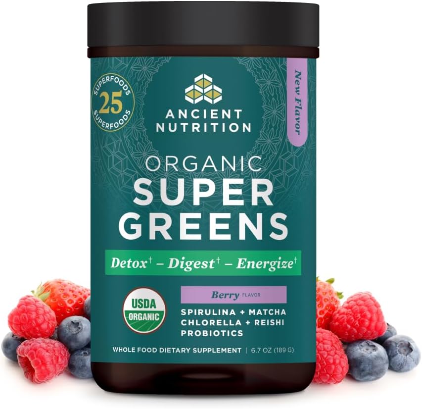 Ancient Nutrition SuperGreens pulver med Probiotika, Økologisk Berry Flavor Grønne, Lavet af ægte frugter, Grøntsager og urter, fordøjelses- og energistøtte, 25 Servere, 6.7oz