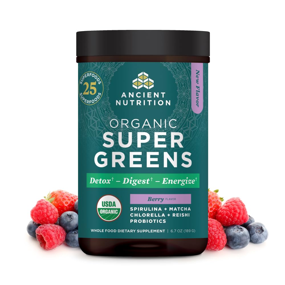 Ancient Nutrition SuperGreens pulver med Probiotika, Økologisk Berry Flavor Grønne, Lavet af ægte frugter, Grøntsager og urter, fordøjelses- og energistøtte, 25 Servere, 6.7oz