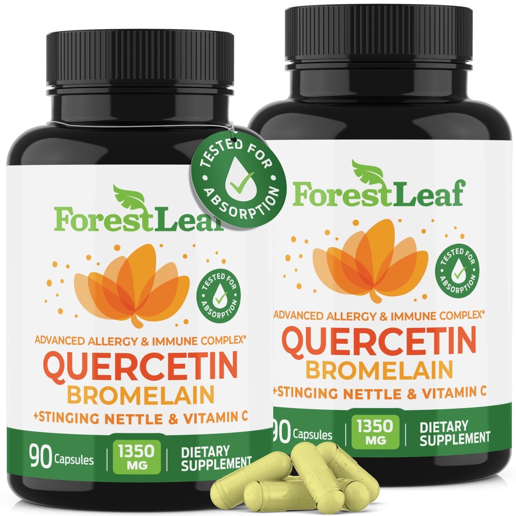 ForestLeaf Quercetin med bromelain - 1350mg Blend med C-vitamin & Stinging Nettle, Advanced Quercetin 500mg tillæg, Non- GMO Gluten Free, Natural Immunation & Respiratory Function 180 Veggie kapsler