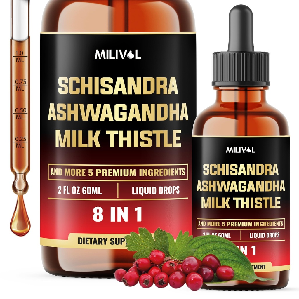 8in1 Schisandra Berry Drops med Milk Thistle, Ashwagandha, Rhodiola Rosea, Holy Basil, Artiskoke, Mælkebøtte Root & Gurkemeje Curcumin - 2 Fl Oz for 2 Måned Supply