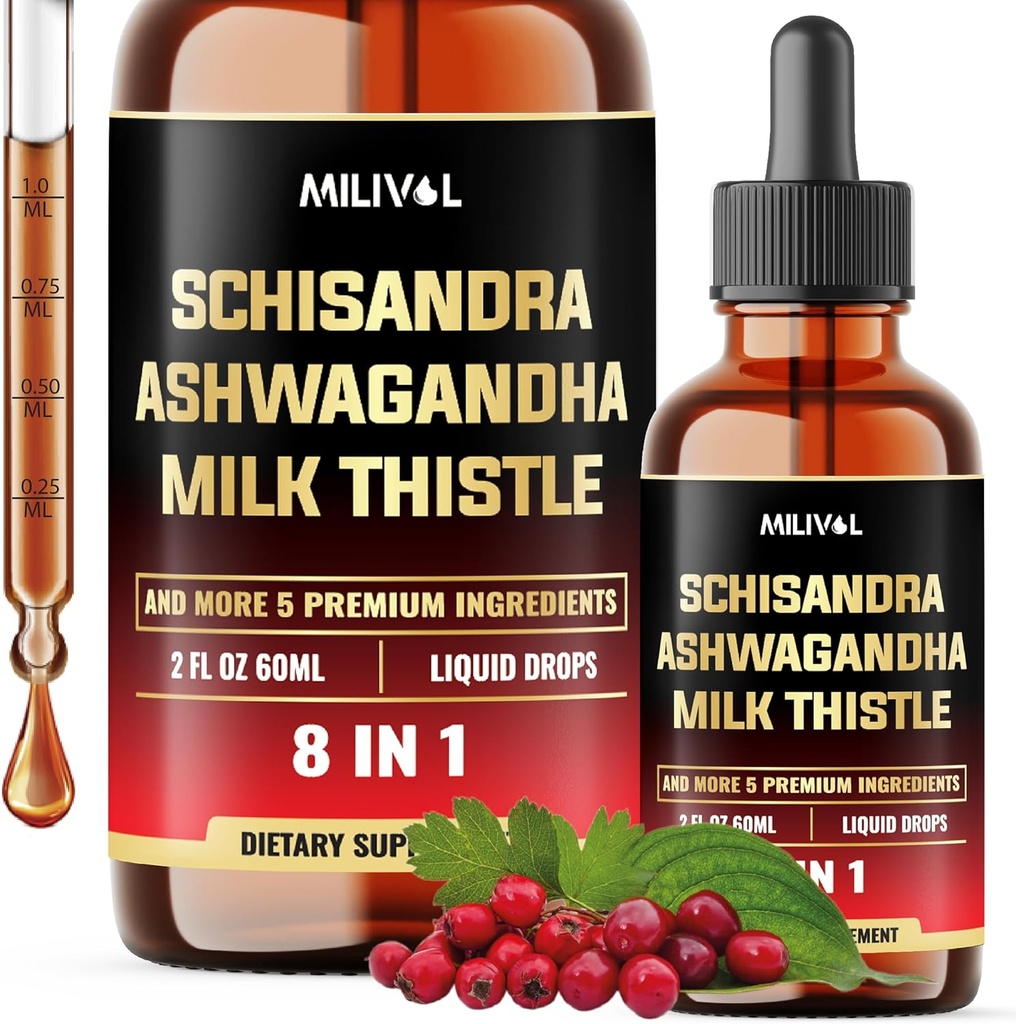 8in1 Schisandra Berry Drops med Milk Thistle, Ashwagandha, Rhodiola Rosea, Holy Basil, Artiskoke, Mælkebøtte Root & Gurkemeje Curcumin - 2 Fl Oz for 2 Måned Supply