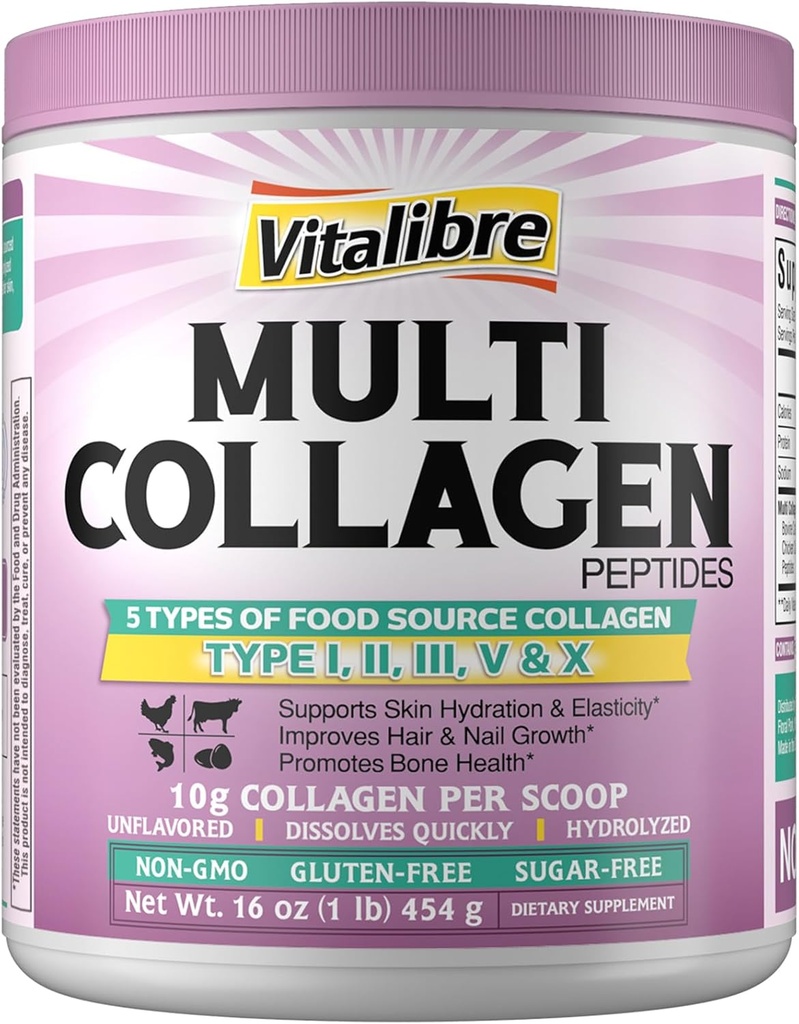 Multi Collagen Peptider Pulver Type I II III V X, Hydrolyzed Collagen Protein for kvinder og mænd, Hud, Hår, Nails, Unflavored, Non- GMO, Keto & GF, Zero Sugar, 45 Servere, 16oz