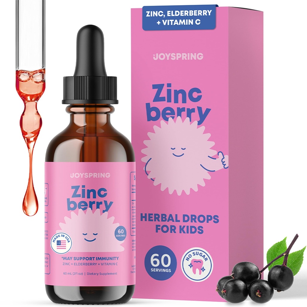 JoySpring ZincBerry - Kids Zink & Vitamin Supplement (2 fl oz) immunsupportdråber med Elderberry Flavor til børn 2-16 + År