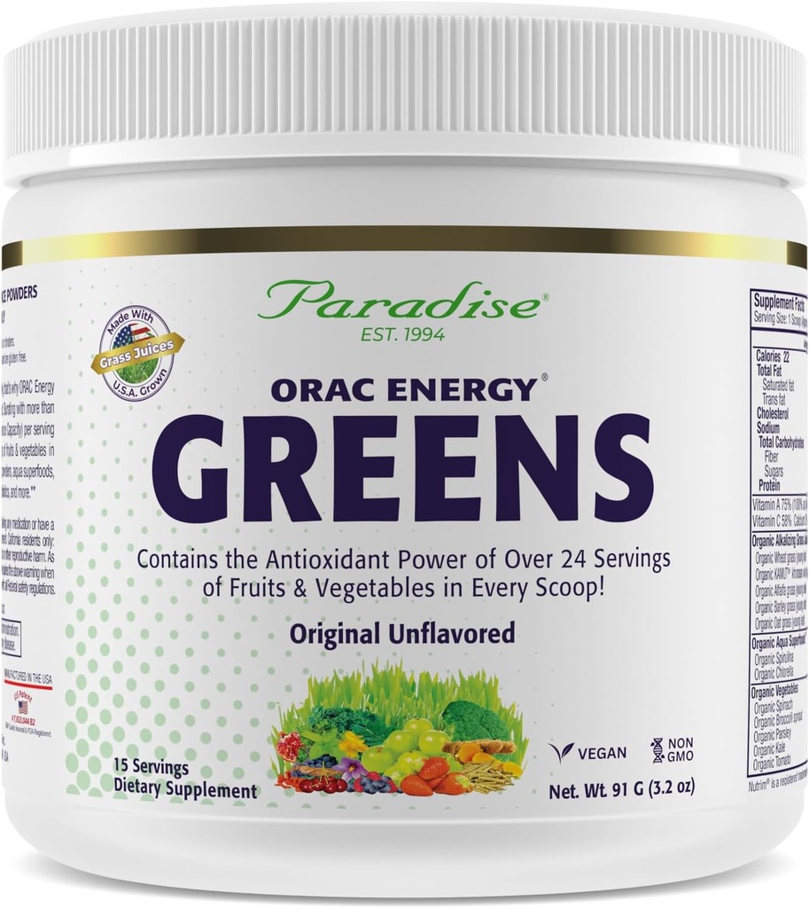 Paradise urter, ORAC Energy Green Powder, Antioxidant Power of 24 Serveringer af frugter & grøntsager i 1 Scoop, 15 Serveringer