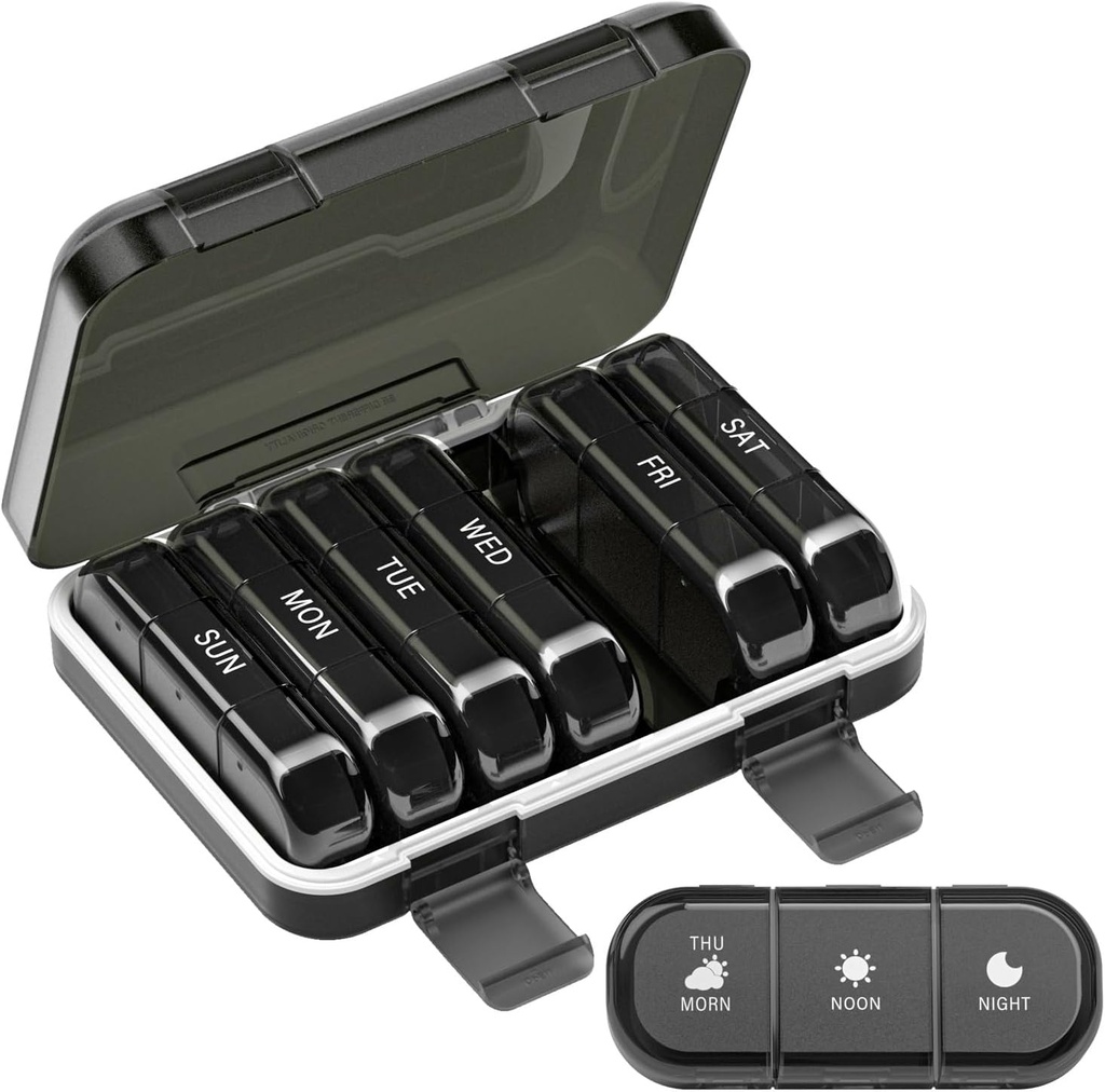 Ugentlig Pill Organizer 3 gange om dagen, 7 dages transportable Pill Box til piller, Vitaminer, Fish Oil, Medicin, Kosttilskud (3x7 Black)