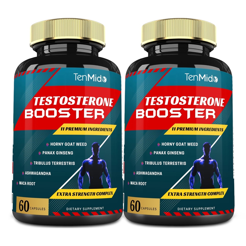 2 pakker 60caps Testosteron Kosttilskud Booster for mænd, svarende til 10000mg - Natural Stamina, Endurance & Strength Supplement - Muscle Building Growth, Stigende ydeevne, Energi