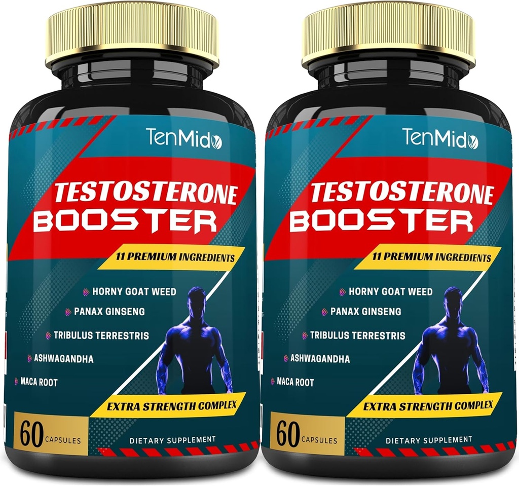 2 pakker 60caps Testosteron Kosttilskud Booster for mænd, svarende til 10000mg - Natural Stamina, Endurance & Strength Supplement - Muscle Building Growth, Stigende ydeevne, Energi