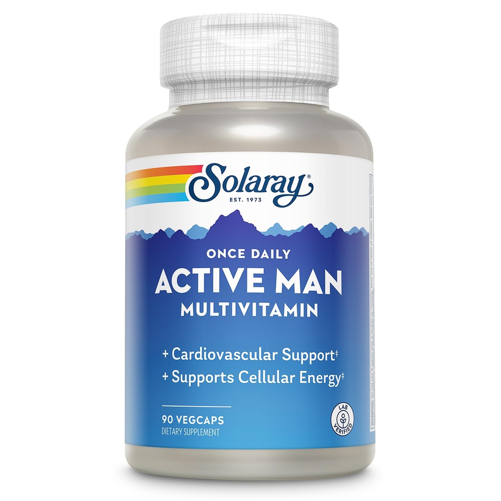 SOLARAY En gang daglig aktiv mand Multivitamin - Cellulær energi og immunforsvar supplement w / vitamin D, C-vitamin, B12, B6, zink, Lutein, fordøjelsesfremmende enzymer, hele fødevarer, 60- dag garanti, 90 Servering