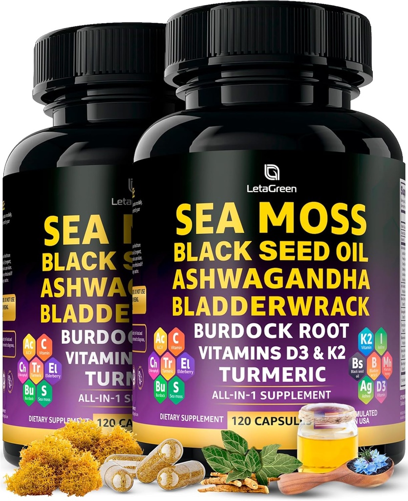 Sea Moss Capsules - 17-in-1 Blend med Black Seed Oil Ashwagandha Bladerwrack Burdock Root gurkemeje Vitamin D3 K2 C for daglig wellness - Multimineral supplement til mænd og kvinder - 240 Greve