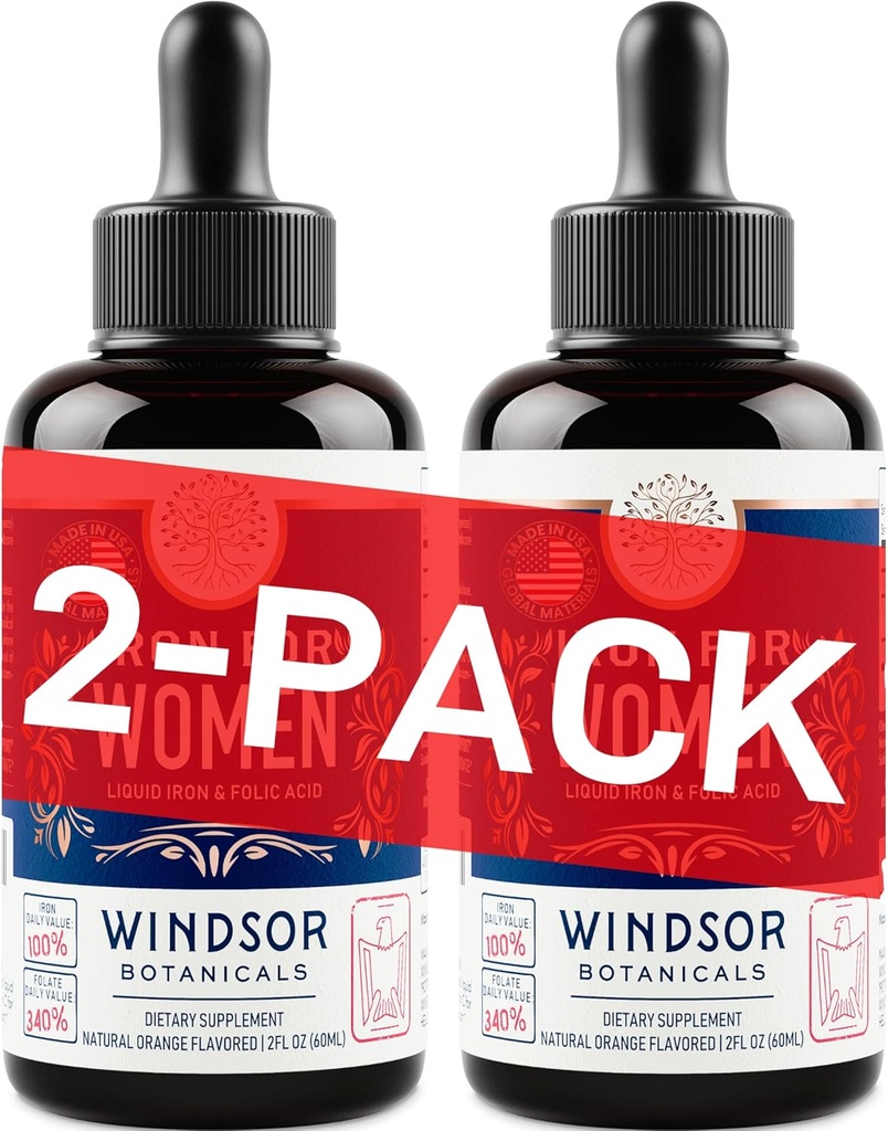 WINDSOR BOTANICALS Flydende jerntilskud til kvinder 2- Pack - Folinsyre, C-vitamin, Vegansk flydende jerntilskud til anæmi, menstruation, Graviditet Support - Drops Orange Flavor - 2x2oz