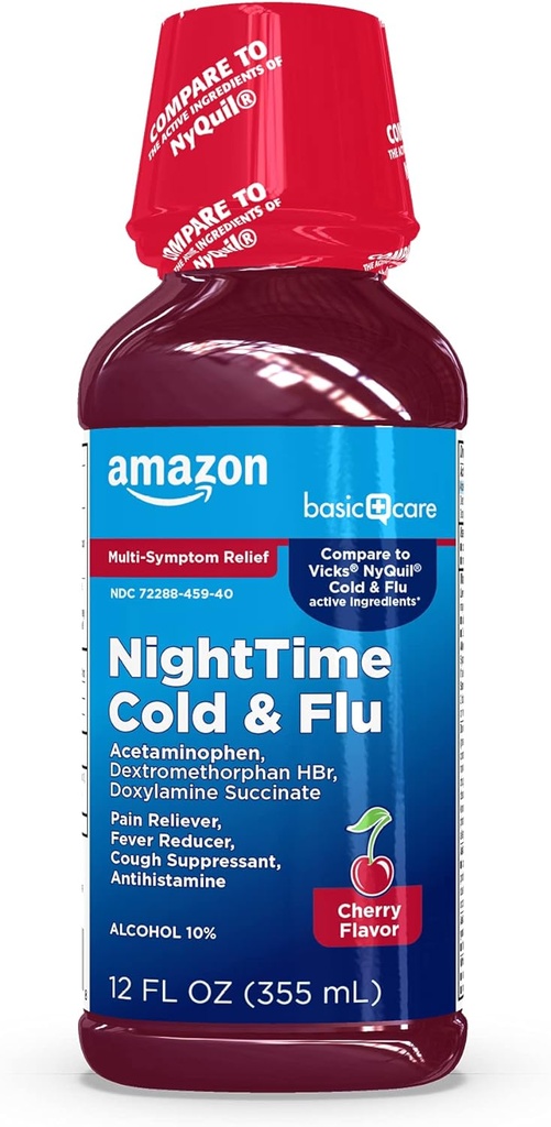 Basic Care Night Time Cold & Flu Liquid, Cherry, 12 fl oz (pakke med 1)