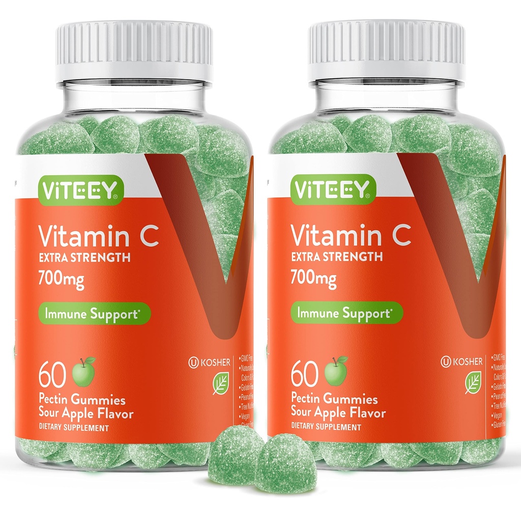 Viteey Chewable C-vitamin Gummies for voksne - 700mg ekstra styrke immunforsvar supplement - Vegan, Gluten Free - 120 Greve