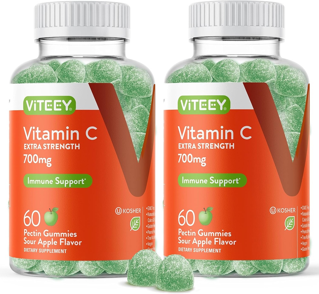 Viteey Chewable C-vitamin Gummies for voksne - 700mg ekstra styrke immunforsvar supplement - Vegan, Gluten Free - 120 Greve