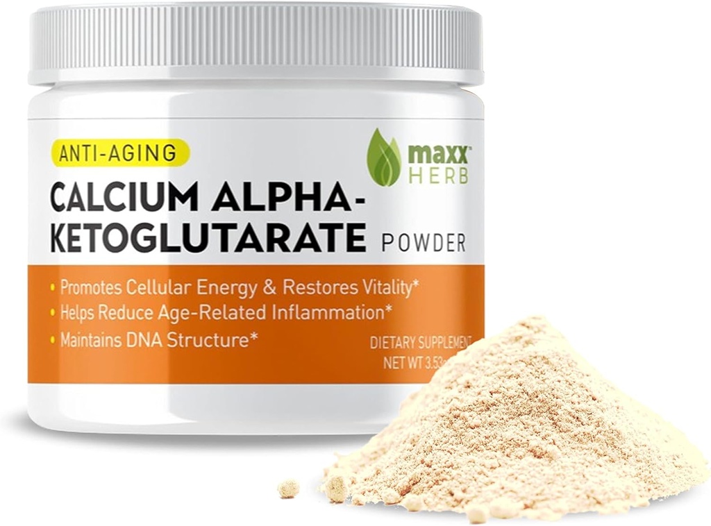 Maxx Herb Calcium AKG, Pure Calcium Alpha - Ketoglutarate Powder (Ca- AKG), for Energy, Vitality, Mental Focus, Clarity & DNA Structure, Non- GMO & Gluten Free - 100 Gram Jar (67 Servere)
