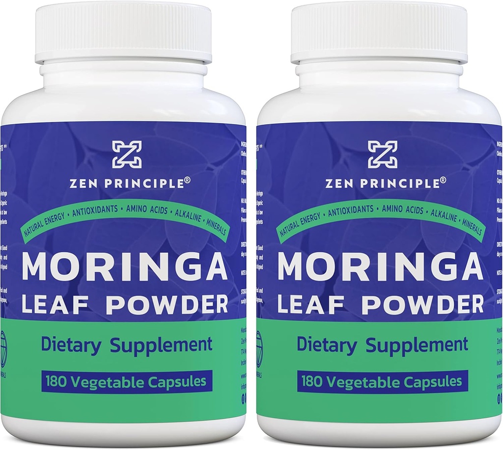 Zen Principle Organic Moringa Oleifera. Ultra-Premium. Giver en All Natural Energy Boost og Multi- Vitamin. En rå superfood, Vegan, Ingen GMO og Gluten Free. 360 kapsler.