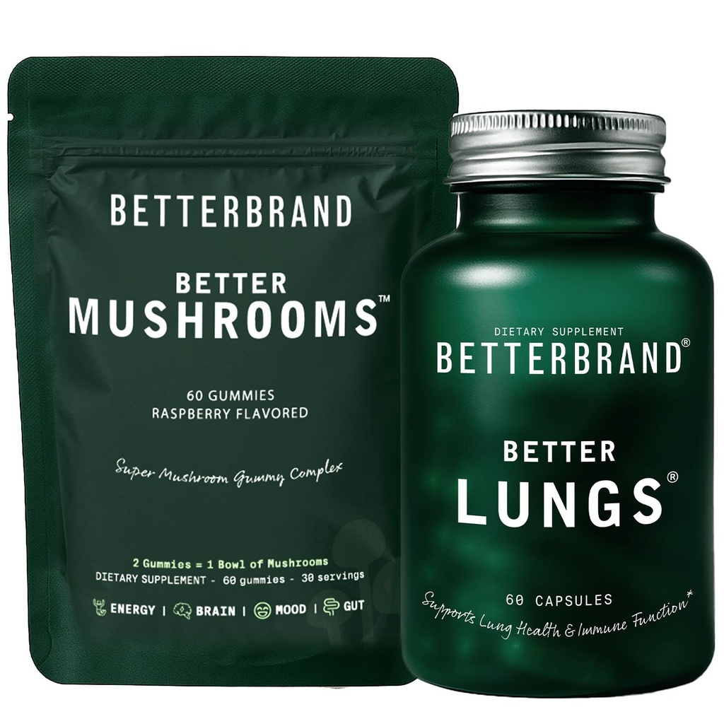 Betterbrand Bedre Lungs & Svampe Bundle - Daglig Åndenød supplement & Svampe Gummies til støtte Gut Sundhed Bundle