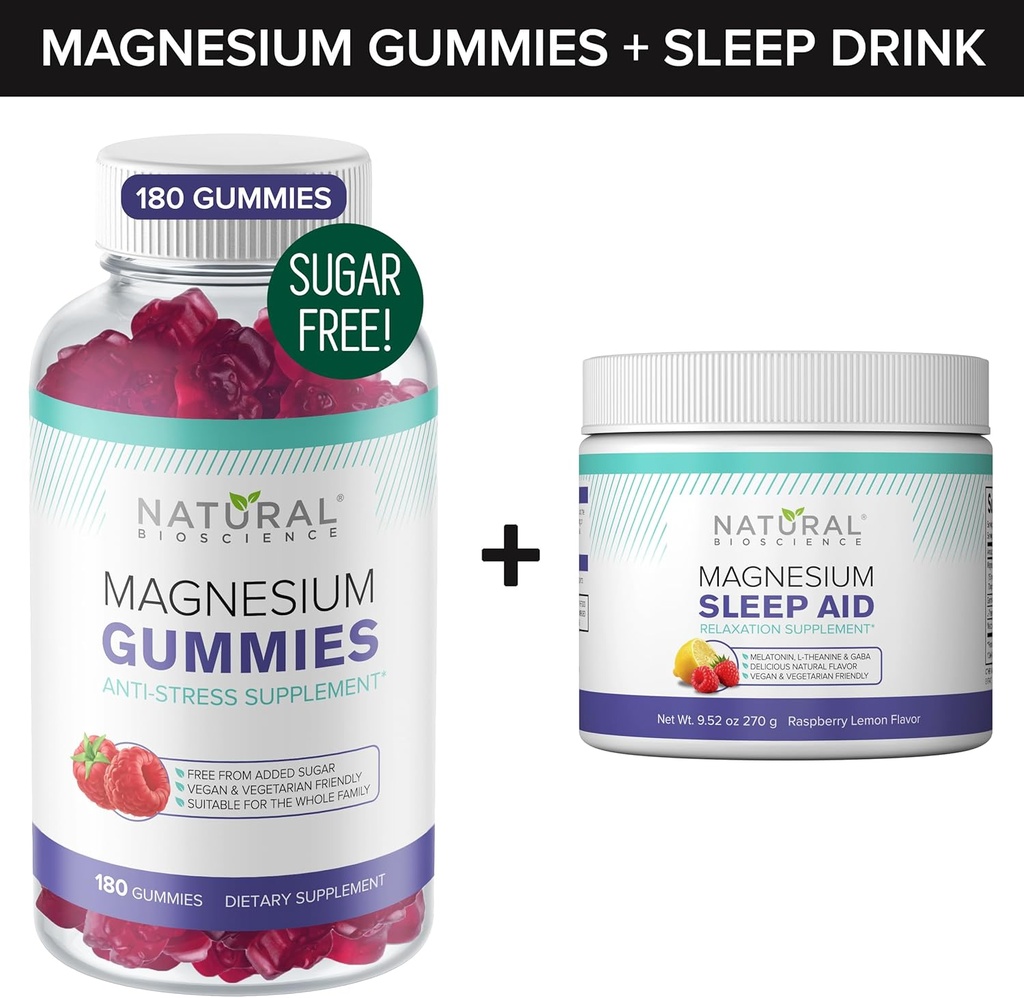 Sugar- Free Magnesium Gummies (180 Gummies) og Magnesium Night Time Powder med Magnesium Citrate, Melatonin, L- Theanin og GABA - Vegan, Gelatin- Free, Gluten- Free, Non- GMO