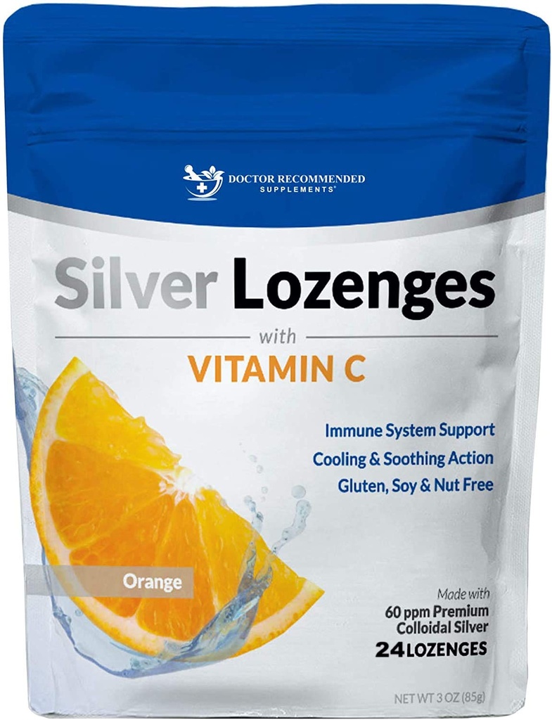 Sølv Lozenges med C-vitamin - Premium Nano Silver 60 PPM kolloid sølv, Økologisk honning og C-vitamin Mineral supplement drops til støtte immunsystemet, Sothe Cough & Throat - 24 Orange Lozenges