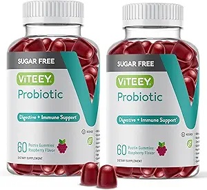 Viteey Probiotic Gummies for Women, Men & Teens, 2 Billion CFUs - Sugar Free - Immune Booster, Digestive Support, Gut Health - Vegan, Gelatin Free, GMO Free - Tasty Chewable Raspberry Flavored Gummy