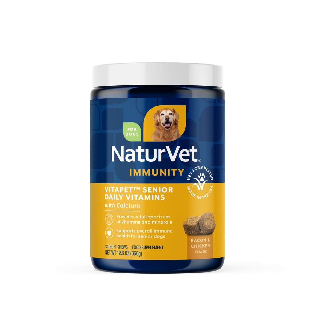 NaturVet VitaPet Senior Daily Vitamin Dog Kosttilskud Plus Glucosamin - Inkluderer Full- Spectrum Vitaminer, Mineraler - Fælles støtte til ældre, Aktive Hunde - 120 Ct. Soft Chews