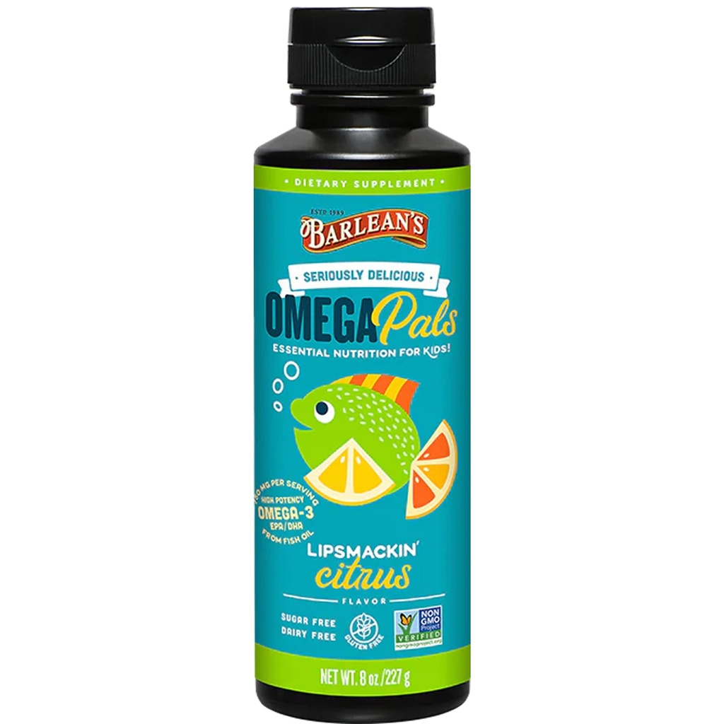 Barlean 's Omega Pals Lipsmackin' Citrus Flavored Omega-3 for børn, Yummy Children 's Liquid Fish Oil Supplement med 750 mg EPA & DHA for hjerne & øje sundhed, 8 oz