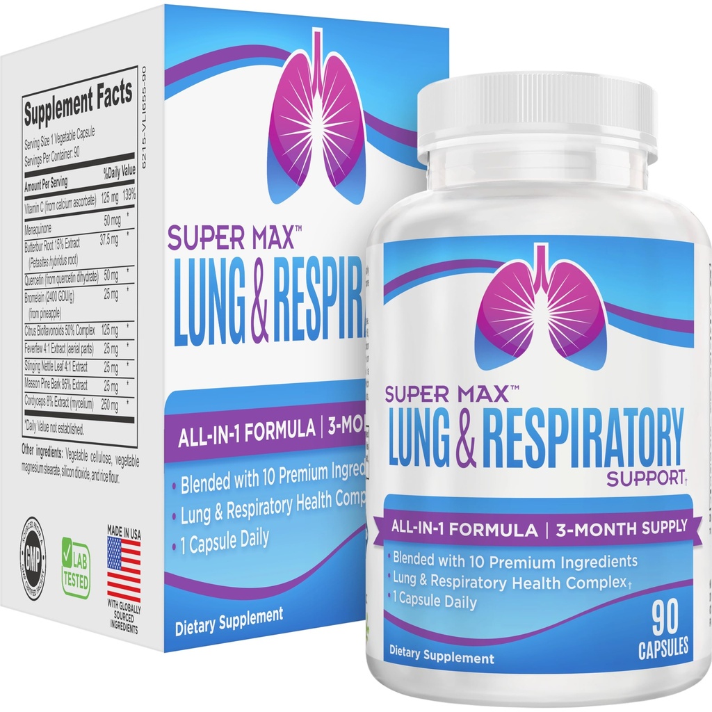 3 - Måned Lung & Respiratory Support (All- in-1) Supplement Complex Sæsonformel 124; 10 Aktive Ingredienser • 124; Natural Daily Lung Nutrients • 124; Respiratory Health Supplements • 124; 90- Day Supply • 124; 90 Kapsler
