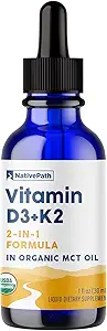NativePath D3K2 Tinktur - 1000IE D3-vitamin og K2-vitamin tillæg med organisk MCT Oil - 1 Fluid Ounce - Hurtig biotilgængelighed Multi- Vitamin til ben Styrke og samlet krop Wellness, 30 Servere