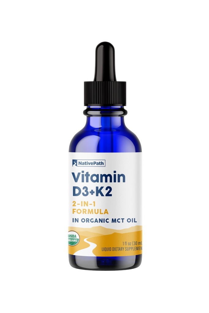 NativePath D3K2 Tinktur - 2000IE D3-vitamin og K2-vitamin tillæg med organisk MCT olie - 1 Fluid Ounce - Hurtig biotilgængelighed Multi- Vitamin til ben Styrke og samlet krop Wellness, 30 Servere