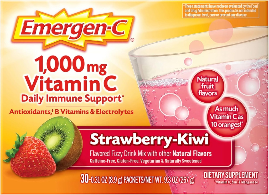 Emergen- C 1000mg vitamin C immunstøtte pulver Jordbær Kiwi 30CT omfatter zink, mangan, 7 B vitaminer og elektrolyter til Tilbage til skolen Essentials