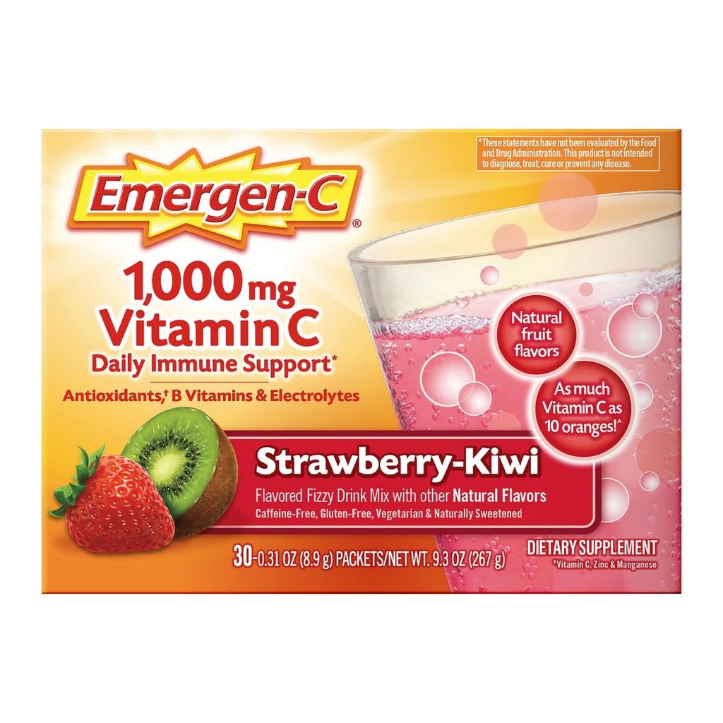 Emergen- C 1000mg vitamin C immunstøtte pulver Jordbær Kiwi 30CT omfatter zink, mangan, 7 B vitaminer og elektrolyter til Tilbage til skolen Essentials