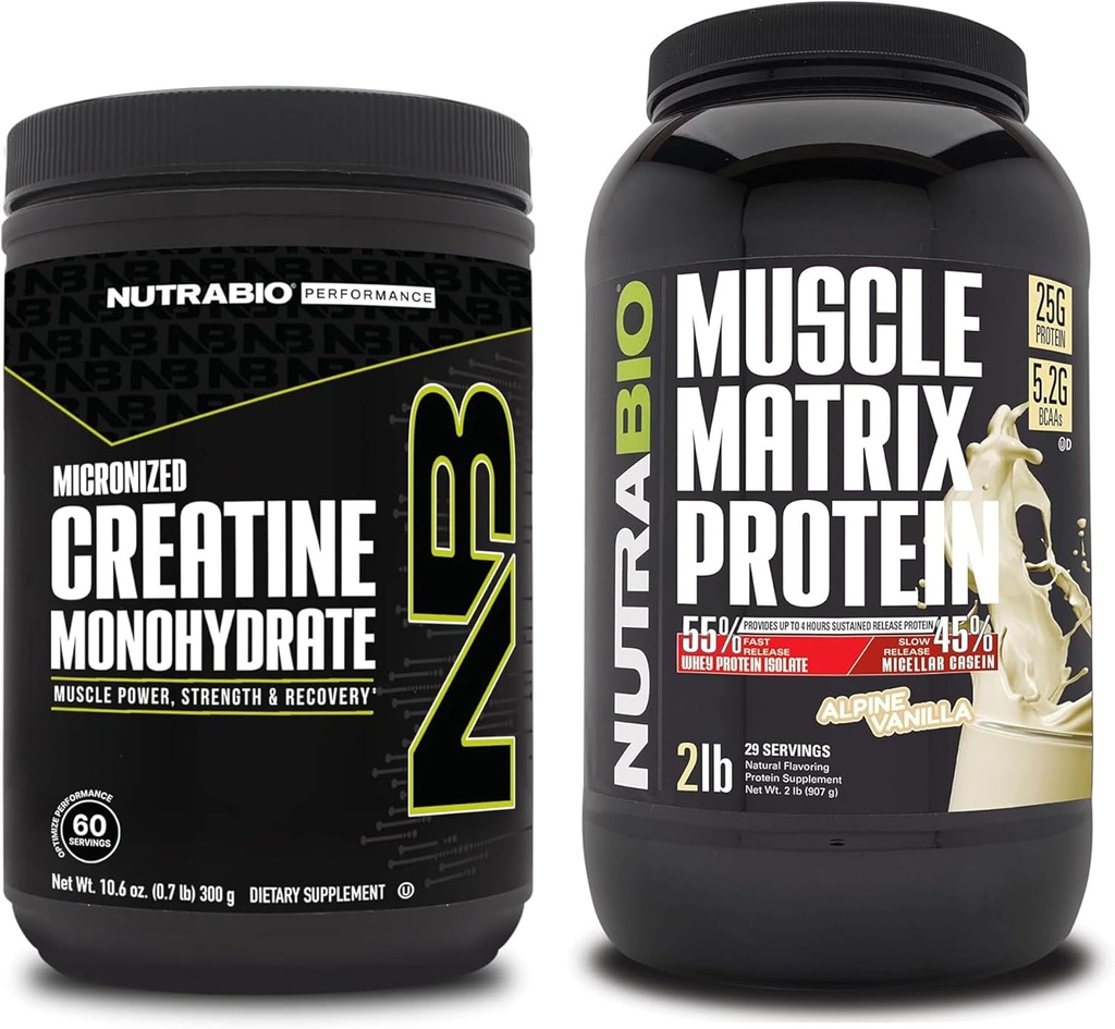 Nutrabio Creatine monohydrat, Unflavored, (300 g) og Muscle Matrix Protein Powder, (Vanilla) Supplement Bundle - Muscle Energy, maksimal vækst, opsving og styrke